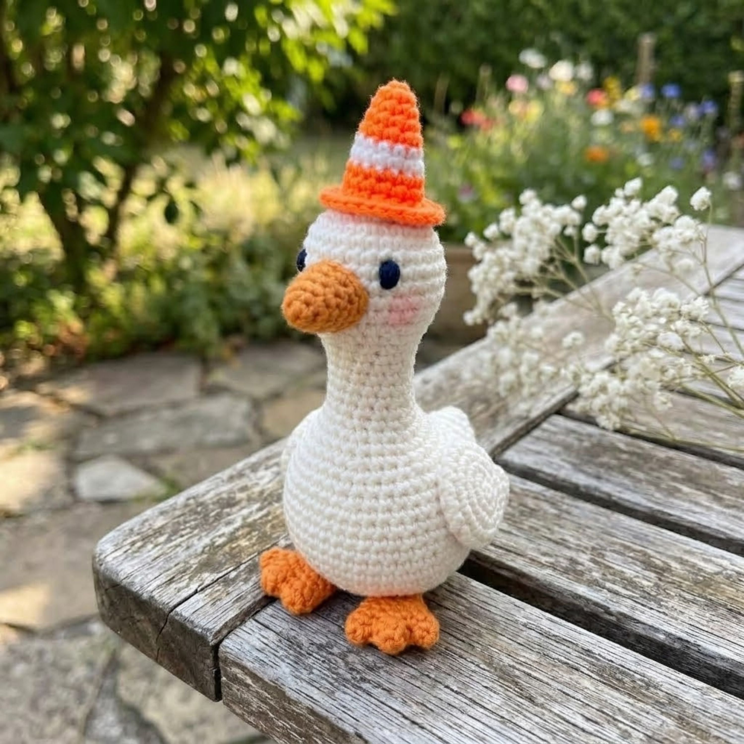 Crochet Goose Plush, Handmade Amigurumi Goose Doll, Orange Cone Hat Nursery Toy, Cute Farm Animal Gift, Baby Shower Gift, 4-12in Toy Plushie