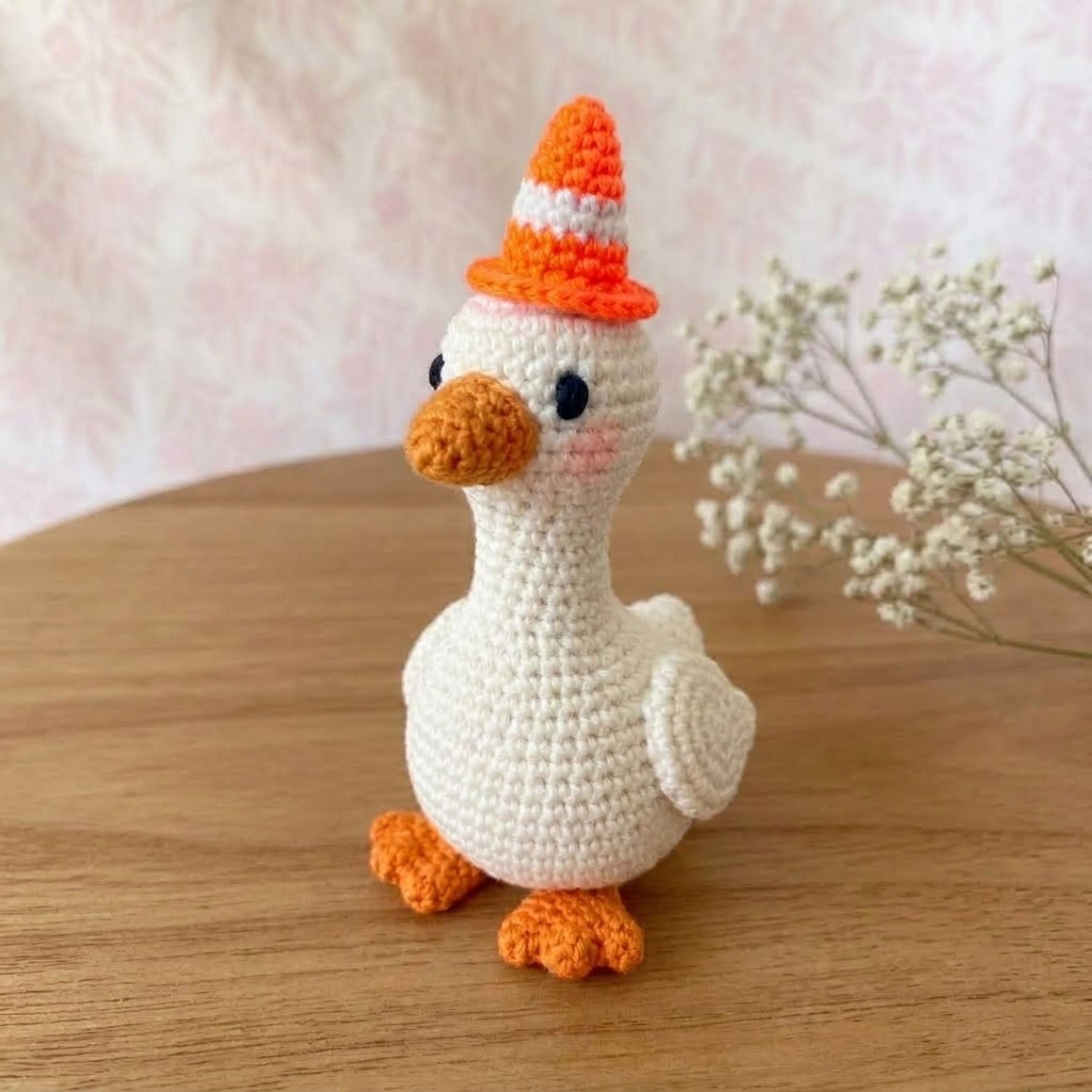 Crochet Goose Plush, Handmade Amigurumi Goose Doll, Orange Cone Hat Nursery Toy, Cute Farm Animal Gift, Baby Shower Gift, 4-12in Toy Plushie