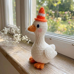 Crochet Goose Plush, Handmade Amigurumi Goose Doll, Orange Cone Hat Nursery Toy, Cute Farm Animal Gift, Baby Shower Gift, 4-12in Toy Plushie