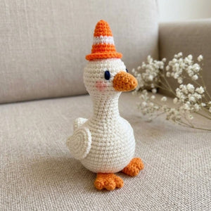 Crochet Goose Plush, Handmade Amigurumi Goose Doll, Orange Cone Hat Nursery Toy, Cute Farm Animal Gift, Baby Shower Gift, 4-12in Toy Plushie