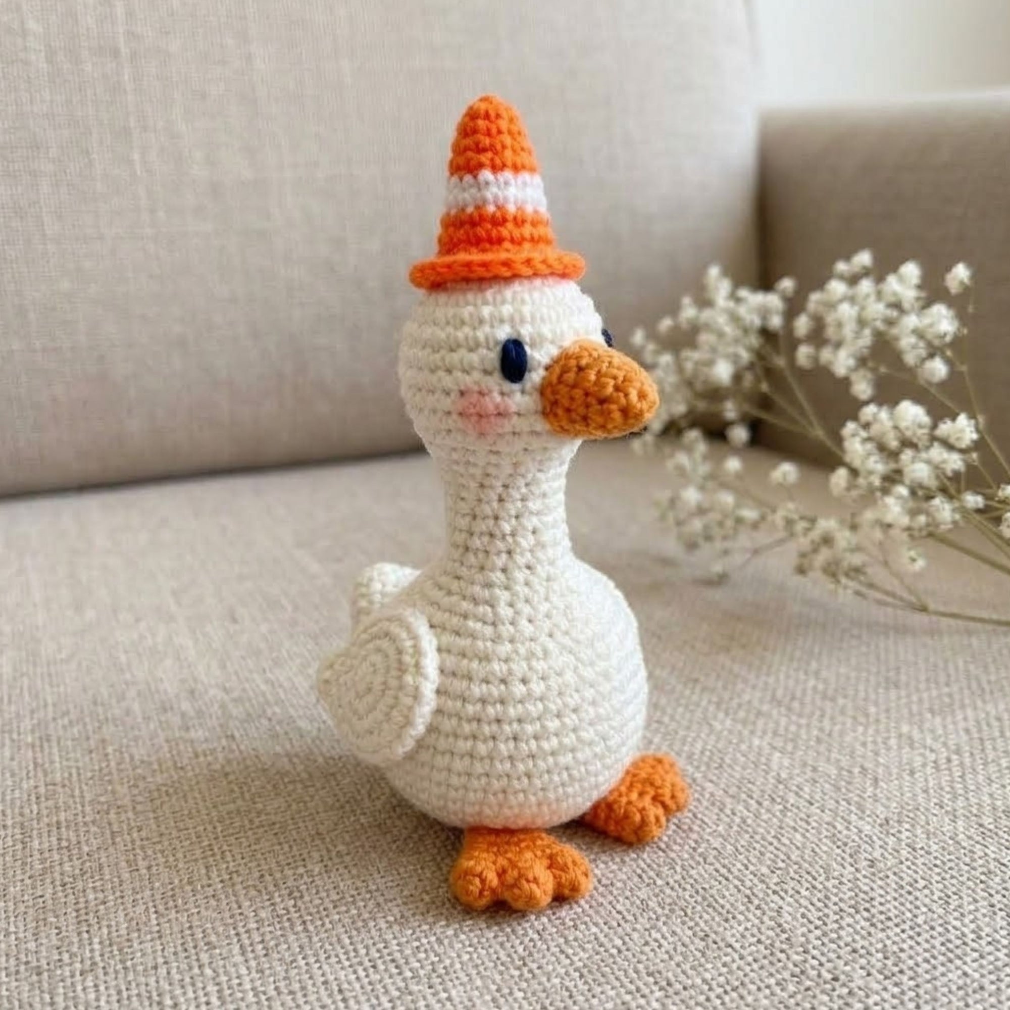 Crochet Goose Plush, Handmade Amigurumi Goose Doll, Orange Cone Hat Nursery Toy, Cute Farm Animal Gift, Baby Shower Gift, 4-12in Toy Plushie