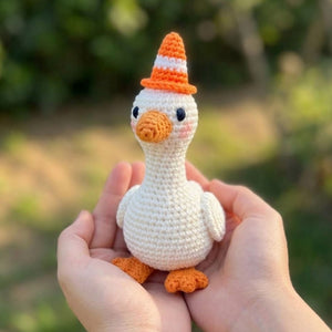 Crochet Goose Plush, Handmade Amigurumi Goose Doll, Orange Cone Hat Nursery Toy, Cute Farm Animal Gift, Baby Shower Gift, 4-12in Toy Plushie