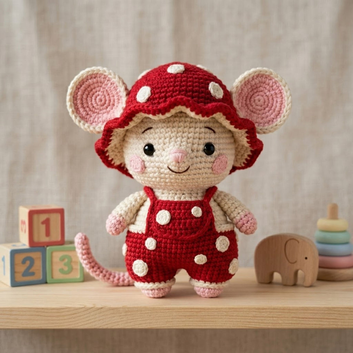 Crochet Red Mushroom Mouse Plush, Handmade Amigurumi Mouse Doll, Red Spotted Nursery Toy, Baby Shower Gift, 4-12in Cute Kid Plushie Soft Toy