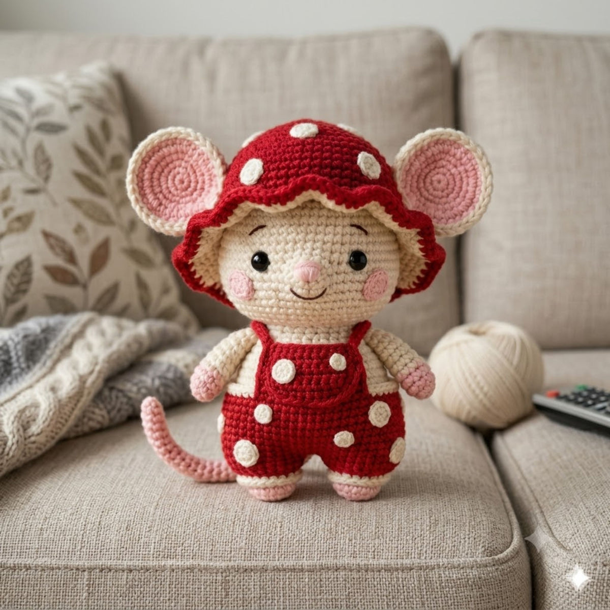 Crochet Red Mushroom Mouse Plush, Handmade Amigurumi Mouse Doll, Red Spotted Nursery Toy, Baby Shower Gift, 4-12in Cute Kid Plushie Soft Toy
