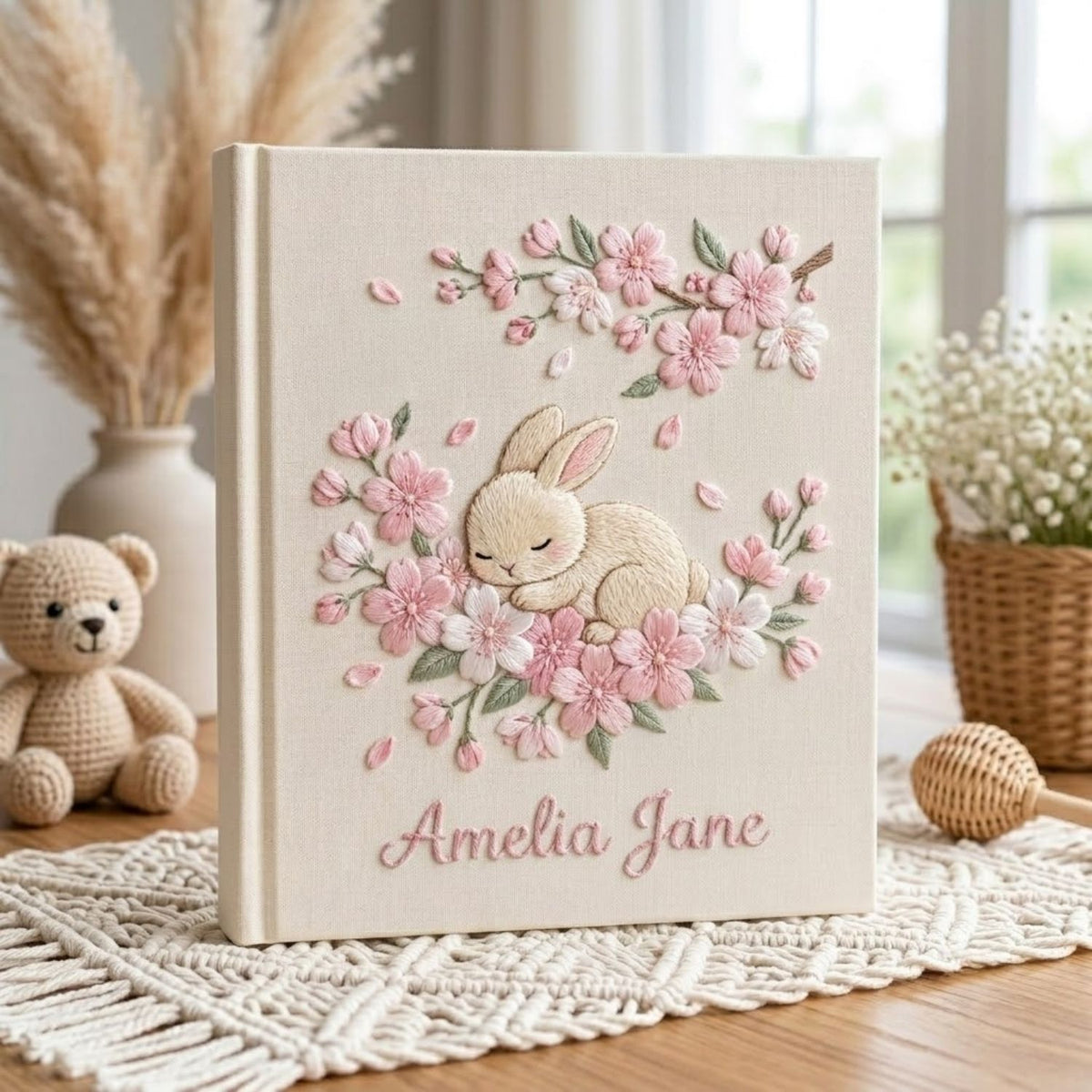 Hand Embroidered Baby Photo Album, Personalized Bunny Baby Book, Custom Name Floral Rabbit Nursery Keepsake, Baby Shower Gift