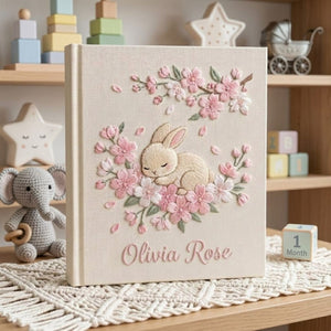 Hand Embroidered Baby Photo Album, Personalized Bunny Baby Book, Custom Name Floral Rabbit Nursery Keepsake, Baby Shower Gift