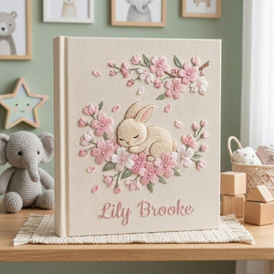 Hand Embroidered Baby Photo Album, Personalized Bunny Baby Book, Custom Name Floral Rabbit Nursery Keepsake, Baby Shower Gift