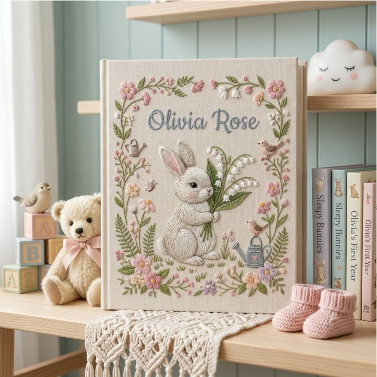 Hand Embroidered Baby Photo Album, Personalized Bunny Baby Book, Custom Name Floral Garden Rabbit Nursery Keepsake, Baby Shower Gift