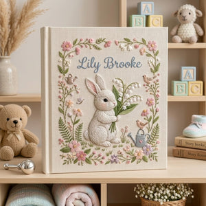Hand Embroidered Baby Photo Album, Personalized Bunny Baby Book, Custom Name Floral Garden Rabbit Nursery Keepsake, Baby Shower Gift