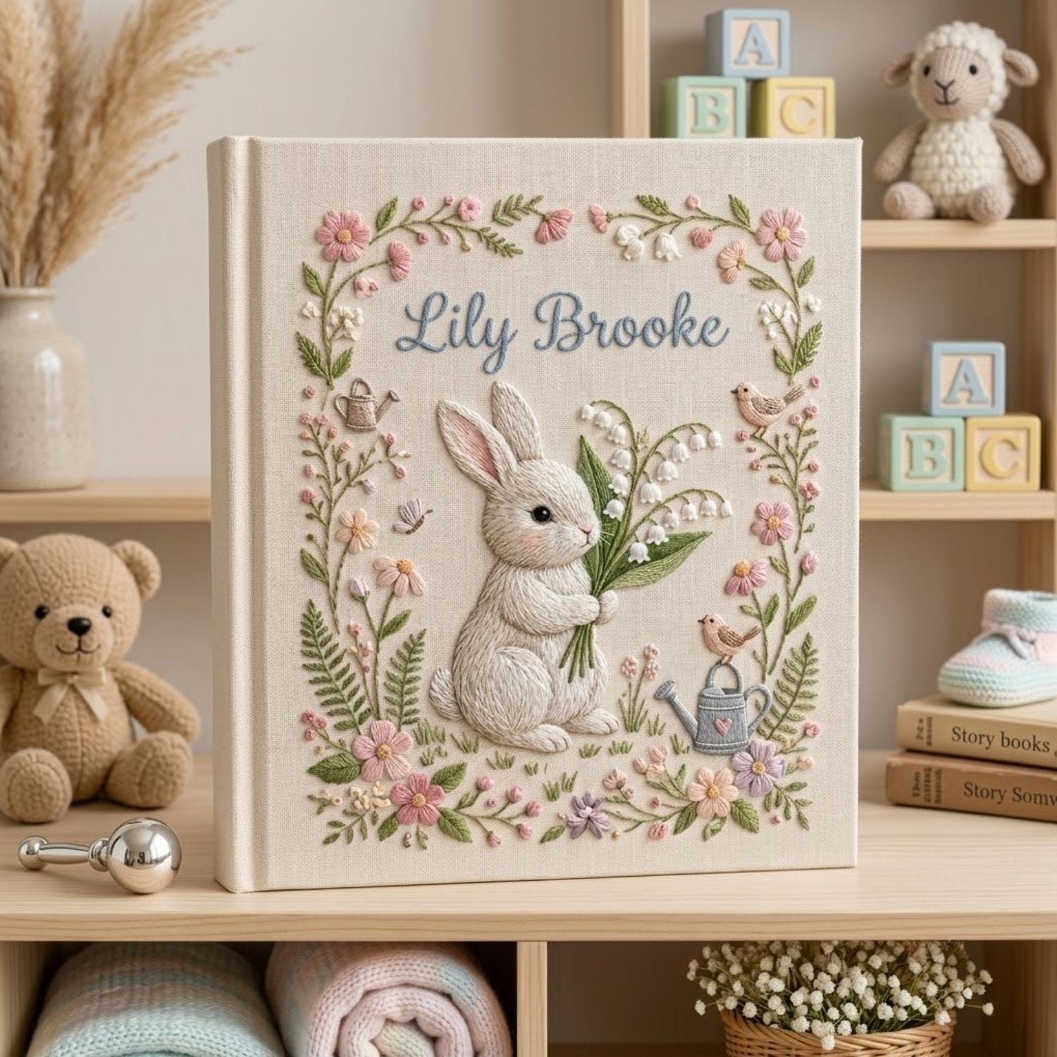 Hand Embroidered Baby Photo Album, Personalized Bunny Baby Book, Custom Name Floral Garden Rabbit Nursery Keepsake, Baby Shower Gift