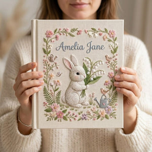 Hand Embroidered Baby Photo Album, Personalized Bunny Baby Book, Custom Name Floral Garden Rabbit Nursery Keepsake, Baby Shower Gift