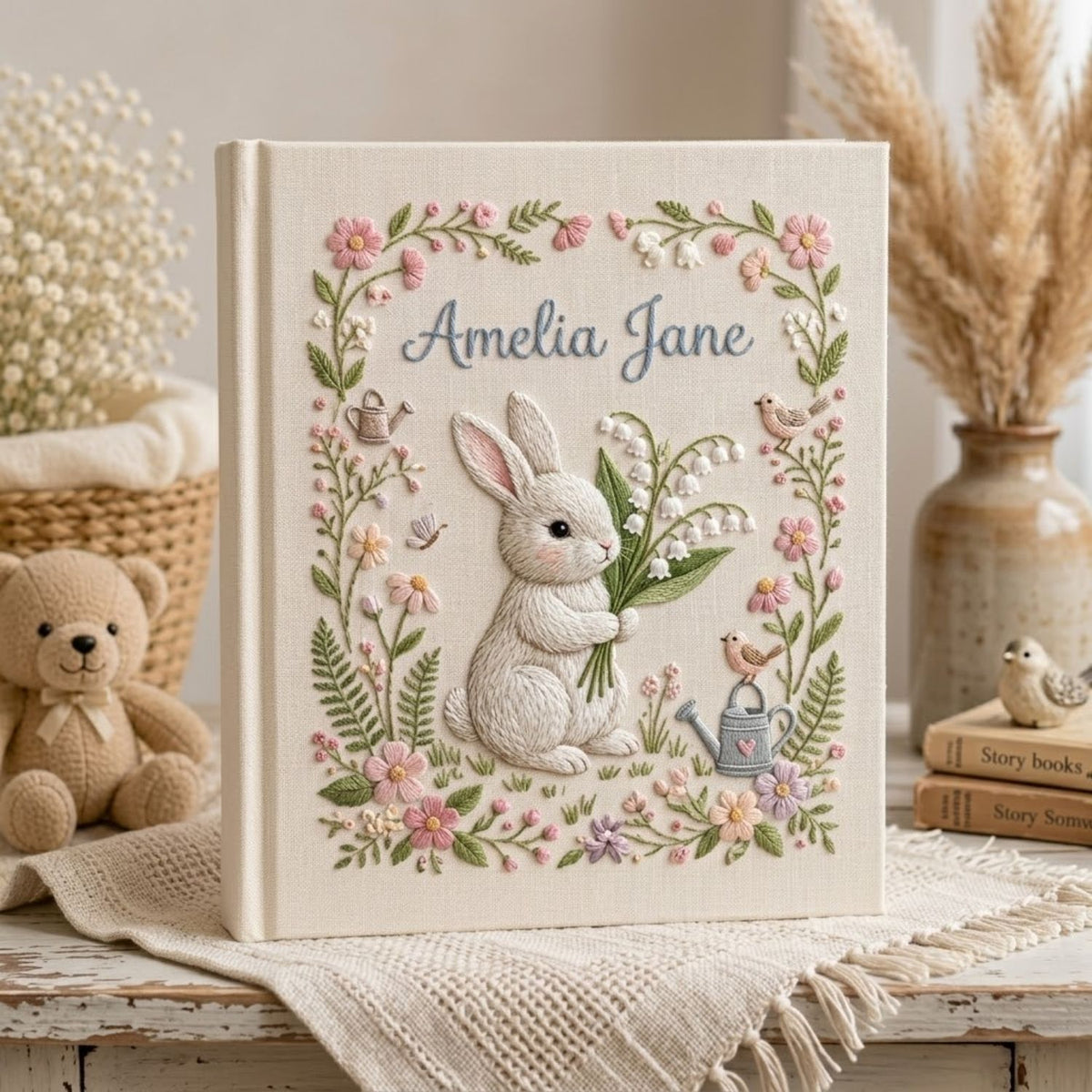 Hand Embroidered Baby Photo Album, Personalized Bunny Baby Book, Custom Name Floral Garden Rabbit Nursery Keepsake, Baby Shower Gift