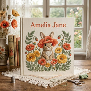 Hand Embroidered Baby Photo Album, Personalized Bunny Baby Book, Custom Name Poppy Flower Rabbit Nursery Keepsake, Baby Shower Gift