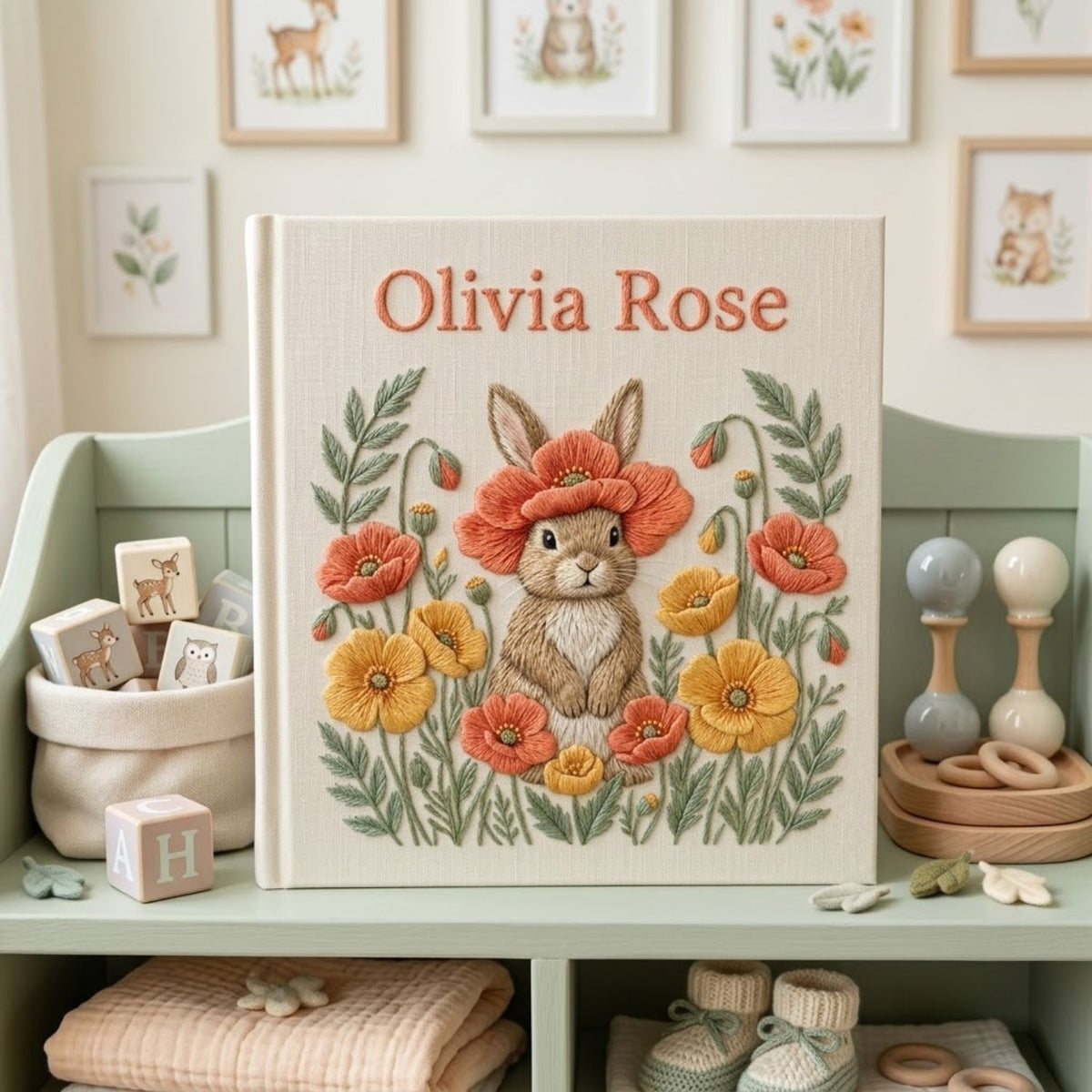 Hand Embroidered Baby Photo Album, Personalized Bunny Baby Book, Custom Name Poppy Flower Rabbit Nursery Keepsake, Baby Shower Gift