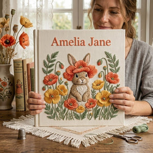 Hand Embroidered Baby Photo Album, Personalized Bunny Baby Book, Custom Name Poppy Flower Rabbit Nursery Keepsake, Baby Shower Gift