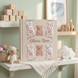 Hand Embroidered Baby Photo Album, Personalized Baby Name Album, Bunny Teddy Bear Memory Book, Baby Shower Gift, Newborn Keepsake