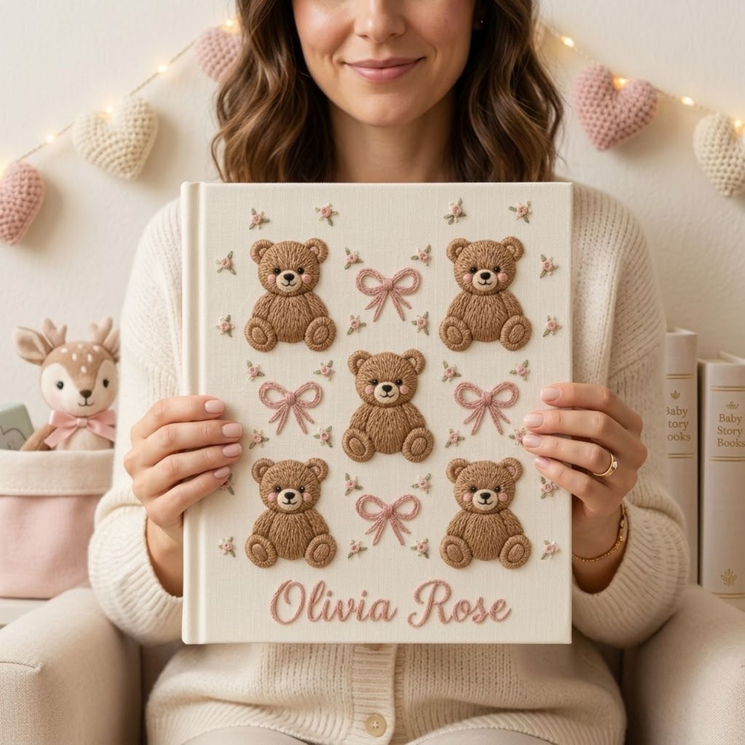 Hand Embroidered Baby Photo Album, Personalized Baby Name Album, Teddy Bear Memory Book, Newborn Keepsake Gift, Baby Shower Album