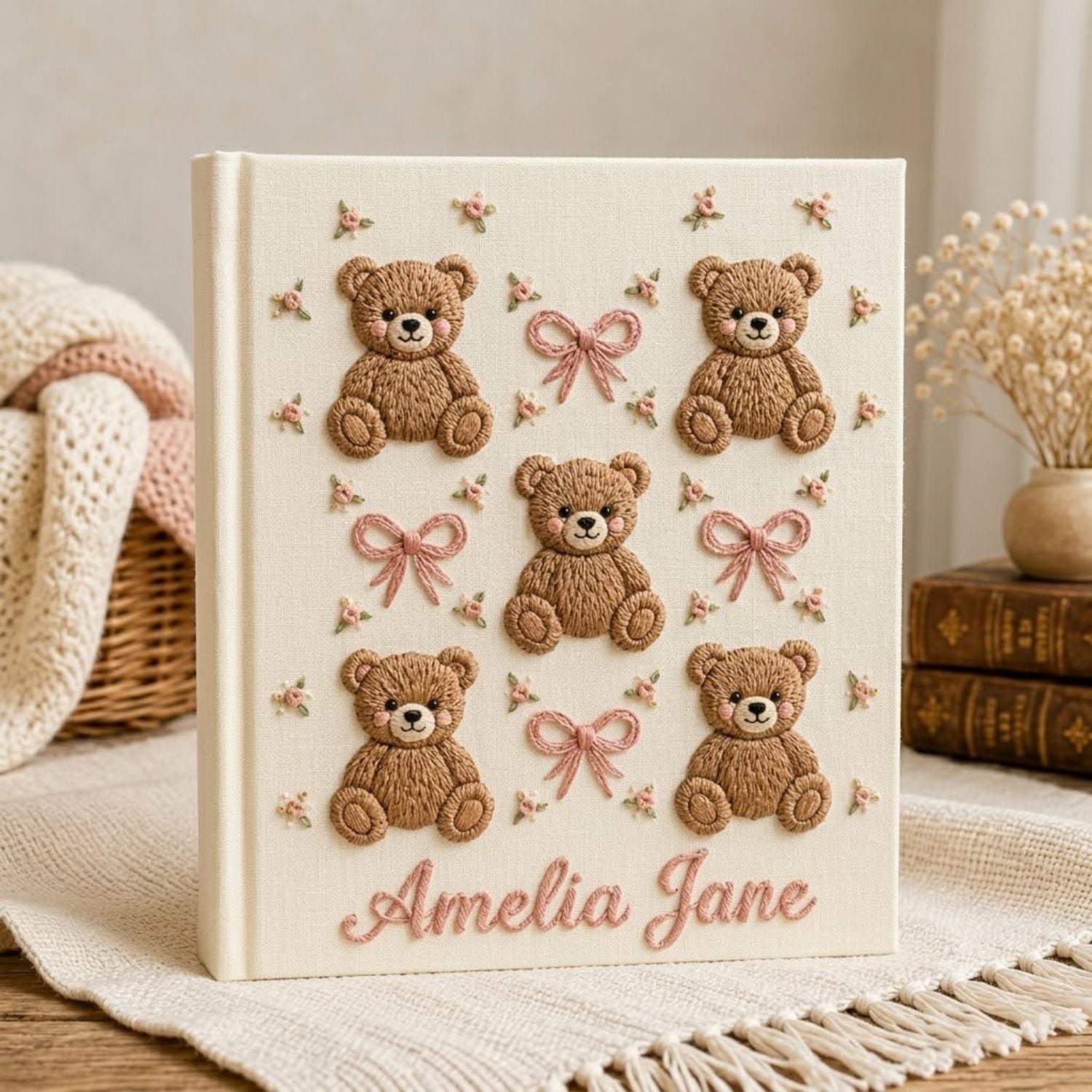 Hand Embroidered Baby Photo Album, Personalized Baby Name Album, Teddy Bear Memory Book, Newborn Keepsake Gift, Baby Shower Album