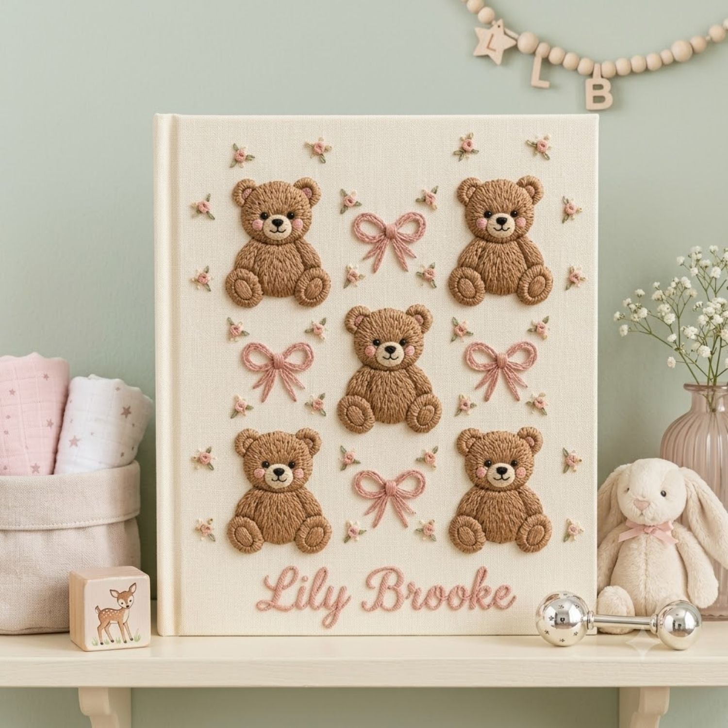 Hand Embroidered Baby Photo Album, Personalized Baby Name Album, Teddy Bear Memory Book, Newborn Keepsake Gift, Baby Shower Album