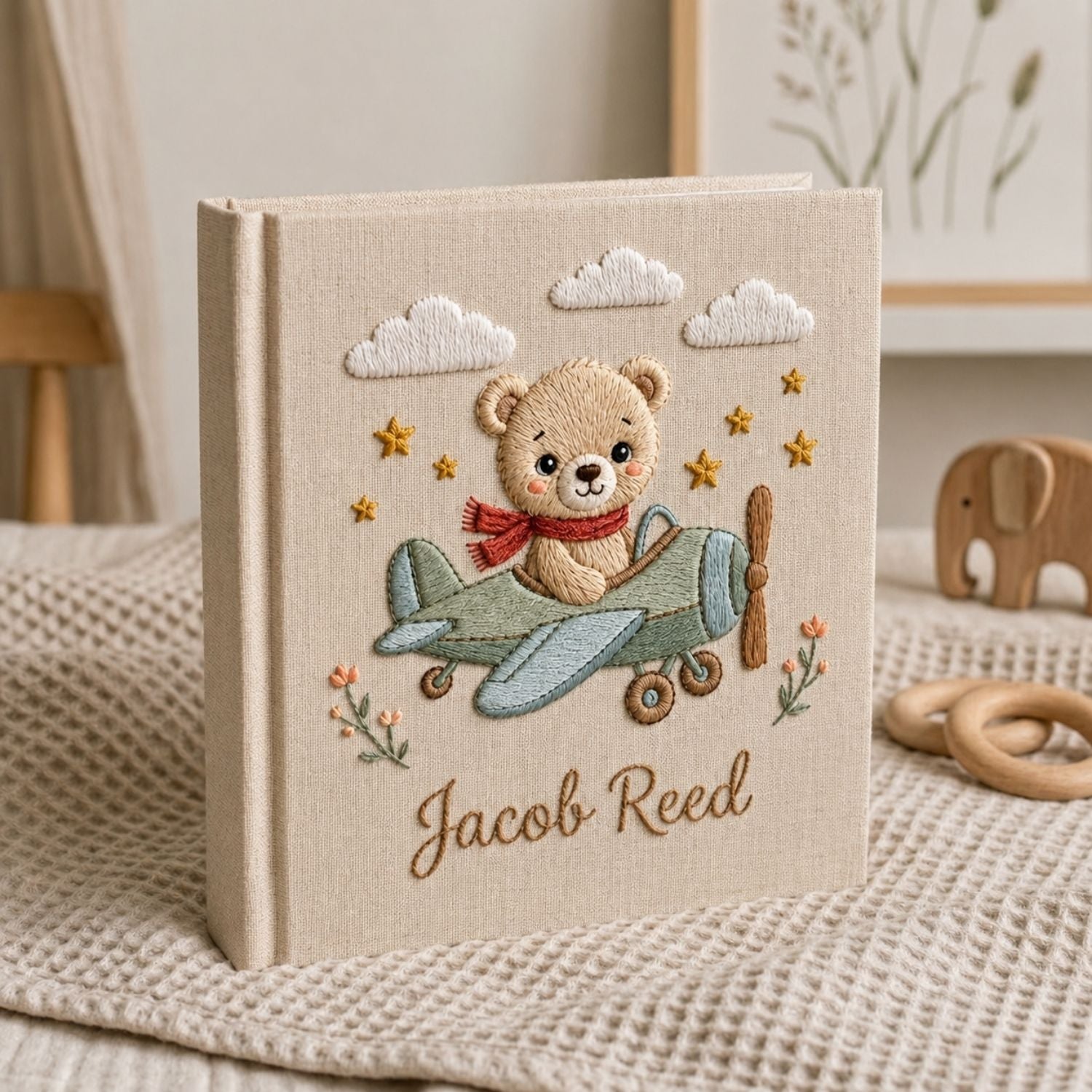 Personalized Baby Photo Album, Hand Embroidered Dinosaur Memory Book, Custom Name Keepsake, Woodland Nursery Gift, Newborn, Baby Shower Gift