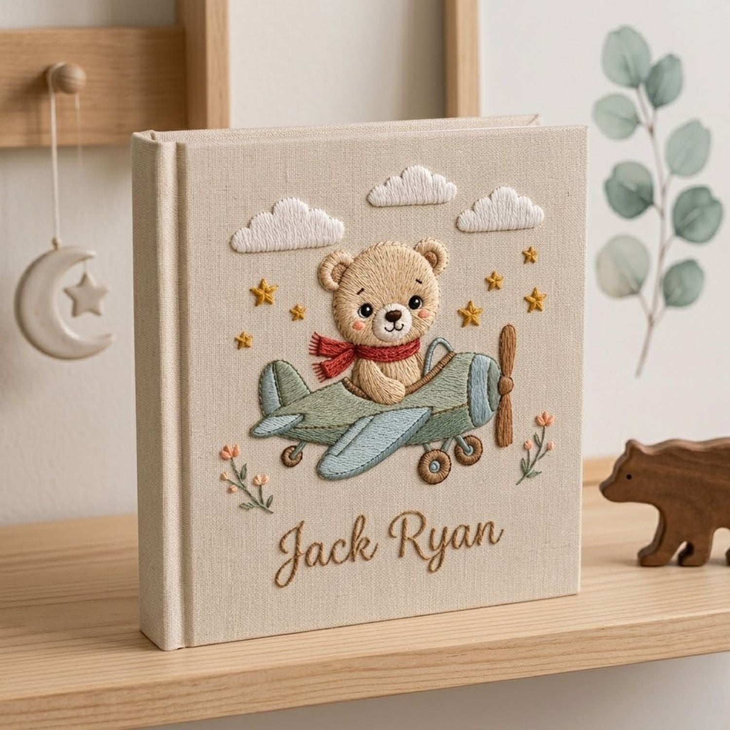 Personalized Baby Photo Album, Hand Embroidered Dinosaur Memory Book, Custom Name Keepsake, Woodland Nursery Gift, Newborn, Baby Shower Gift