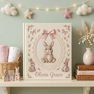 Hand Embroidered Baby Photo Album, Personalized Baby Name Album, Custom Bunny Embroidery Keepsake, Nursery Memory Book, Baby Shower Gift