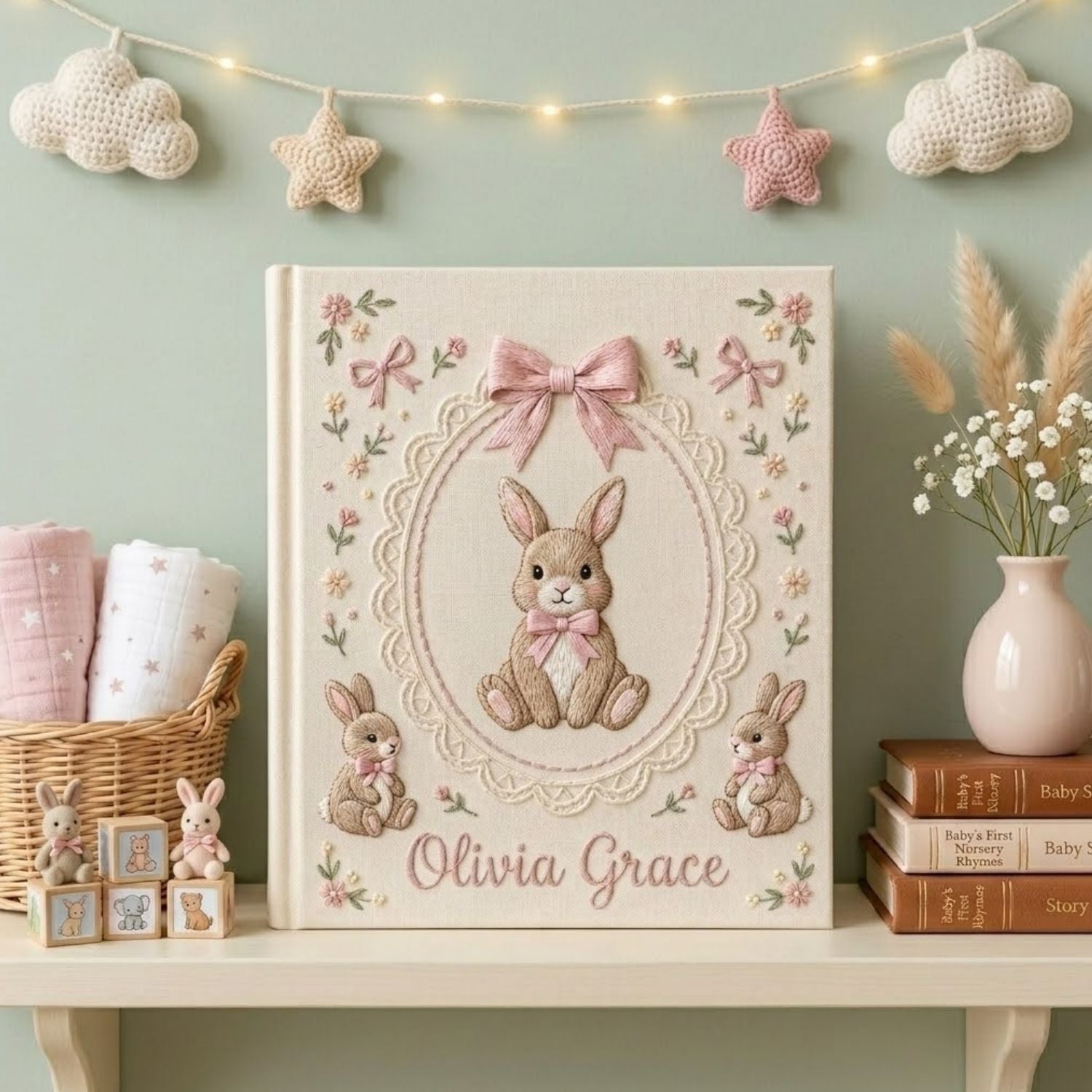 Hand Embroidered Baby Photo Album, Personalized Baby Name Album, Custom Bunny Embroidery Keepsake, Nursery Memory Book, Baby Shower Gift