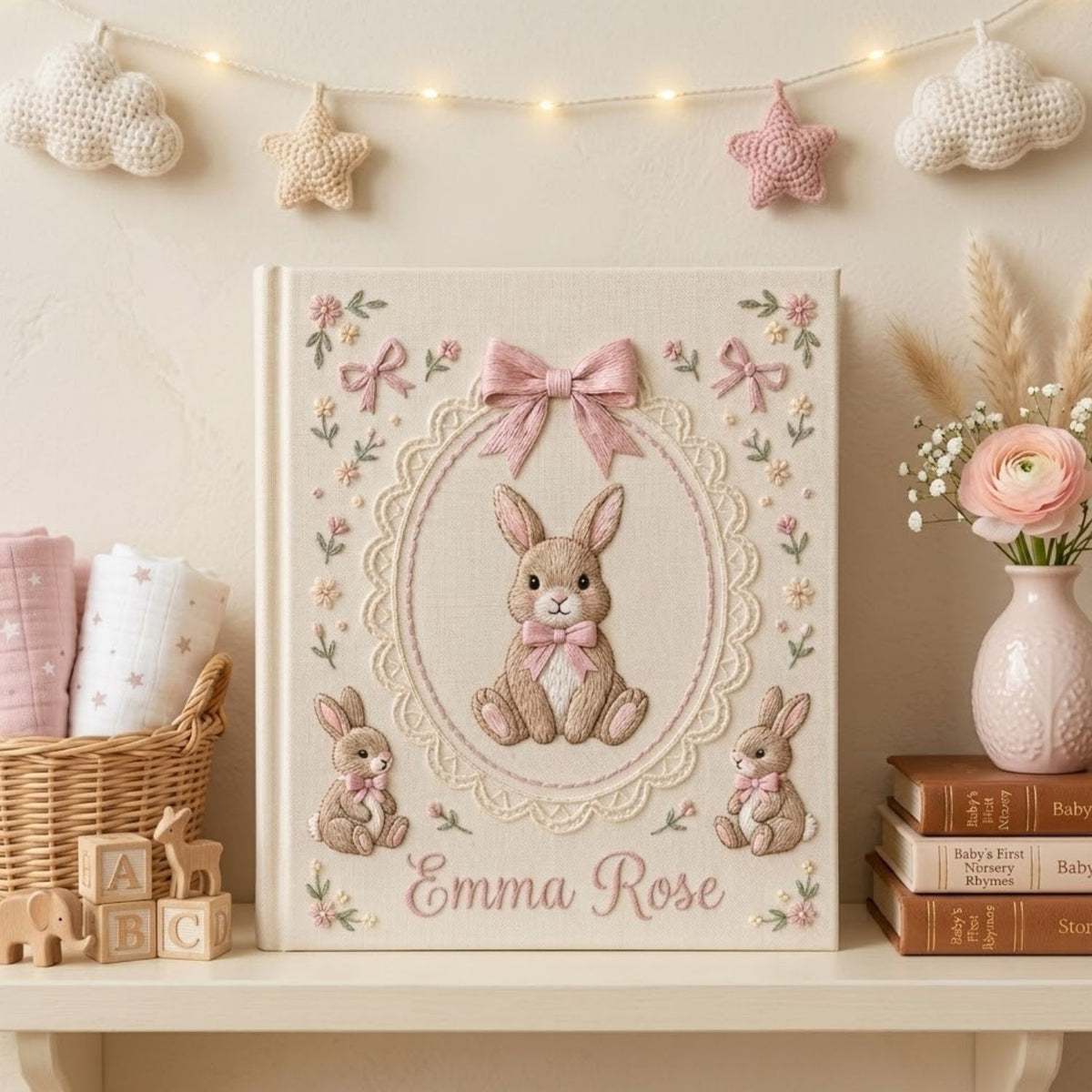 Hand Embroidered Baby Photo Album, Personalized Baby Name Album, Custom Bunny Embroidery Keepsake, Nursery Memory Book, Baby Shower Gift