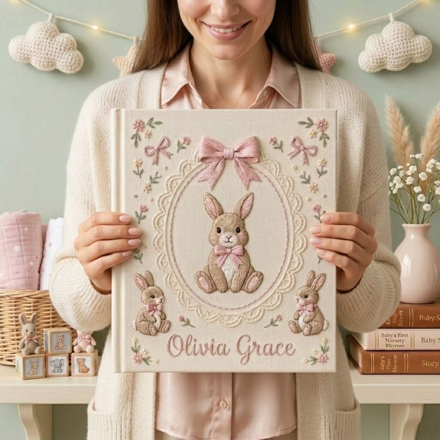 Hand Embroidered Baby Photo Album, Personalized Baby Name Album, Custom Bunny Embroidery Keepsake, Nursery Memory Book, Baby Shower Gift