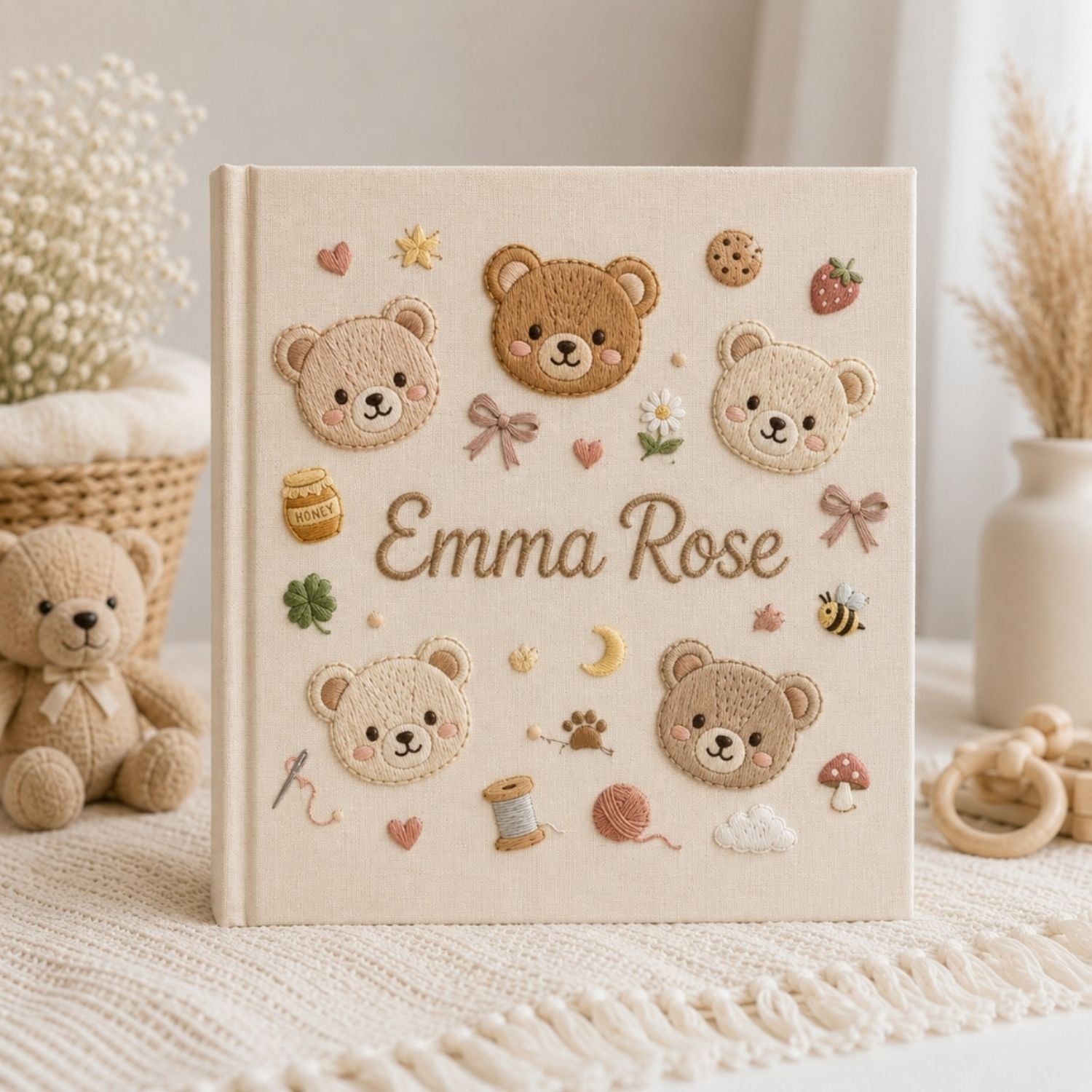 Hand Embroidered Baby Photo Album, Personalized Teddy Bear Album, Custom Baby Name Keepsake, Baby Memory Book, Baby Shower Gift
