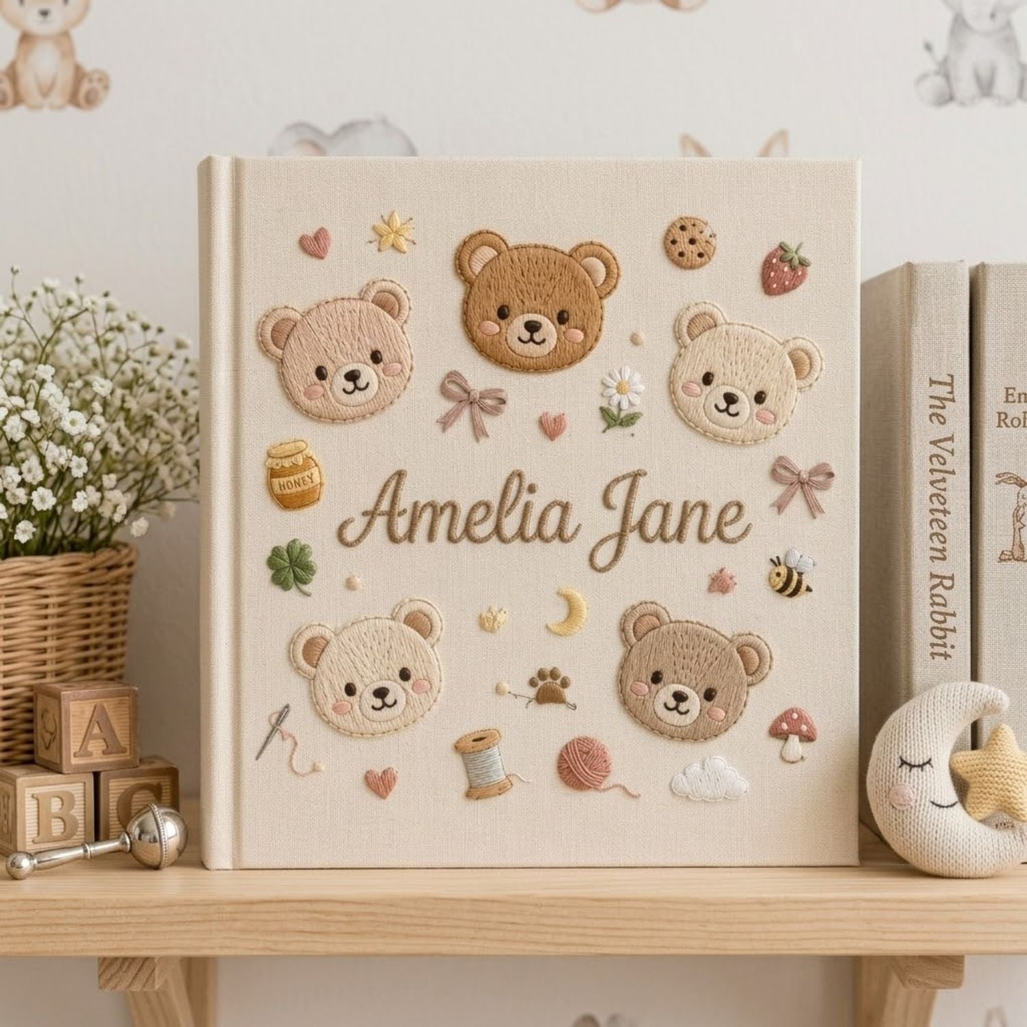 Hand Embroidered Baby Photo Album, Personalized Teddy Bear Album, Custom Baby Name Keepsake, Baby Memory Book, Baby Shower Gift