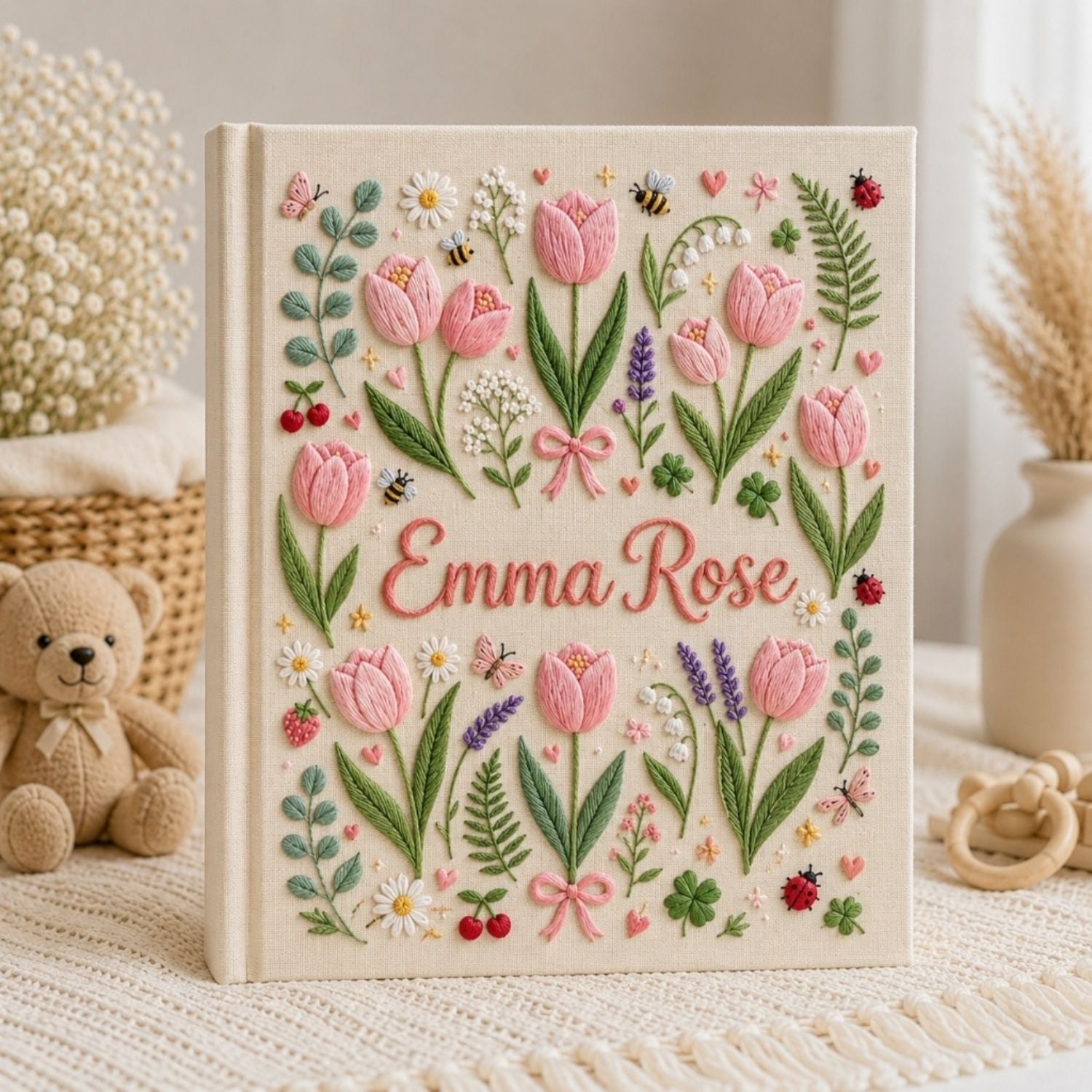 Hand Embroidered Baby Photo Album, Personalized Floral Baby Album, Custom Baby Name Keepsake, Garden Memory Book, Baby Shower Gift