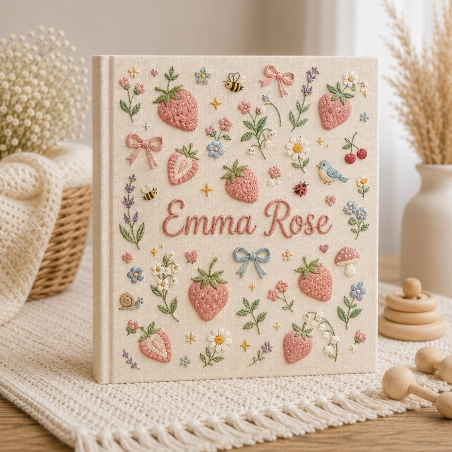 Hand Embroidered Baby Photo Album, Personalized Strawberry Baby Book, Custom Name Kawaii Fruit Garden Nursery Keepsake, Baby Shower Gift