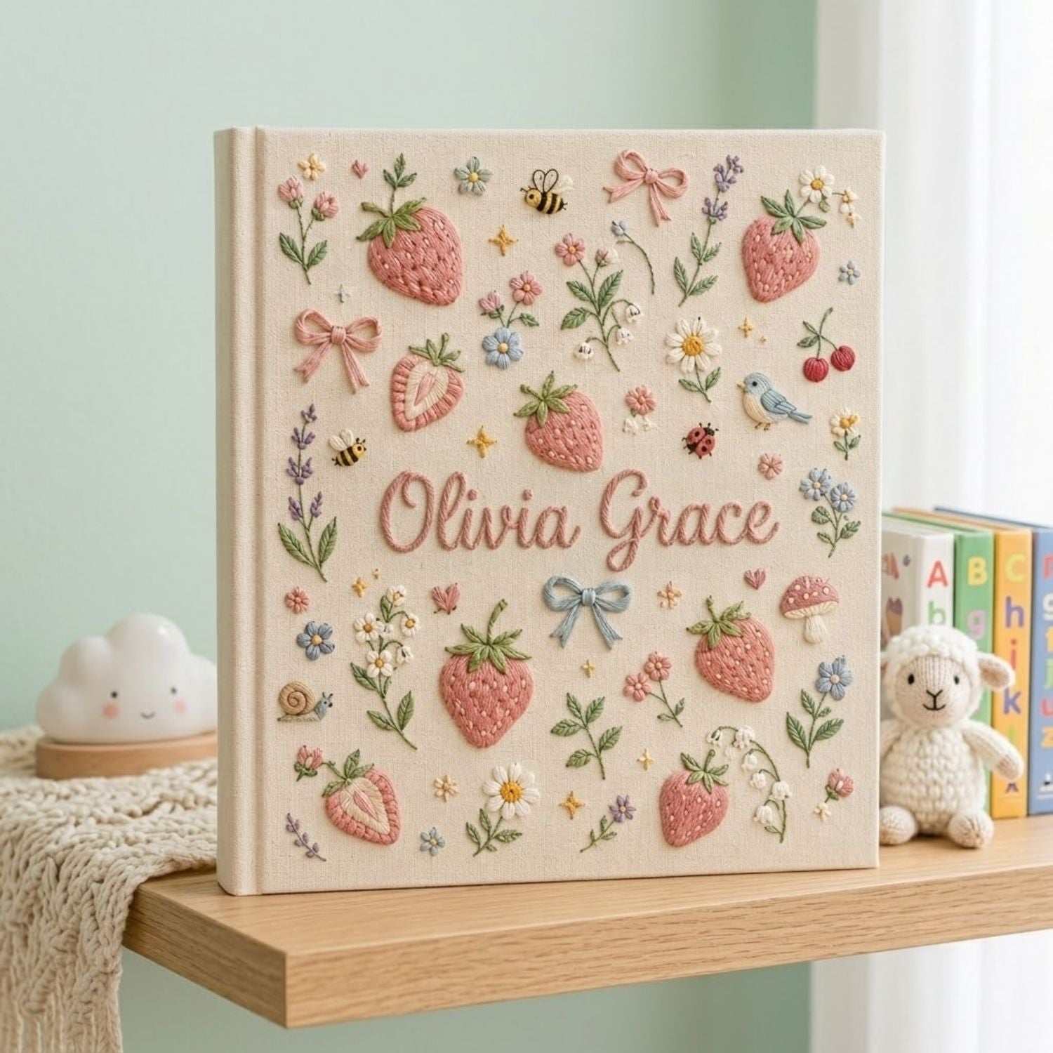 Hand Embroidered Baby Photo Album, Personalized Strawberry Baby Book, Custom Name Kawaii Fruit Garden Nursery Keepsake, Baby Shower Gift