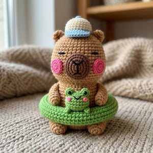Crochet Capybara Frog Float Plush, Handmade Amigurumi Capybara Doll, Cute Green Pool Ring Nursery Toy, Baby Shower Gift, 4-12in Kids Plushie