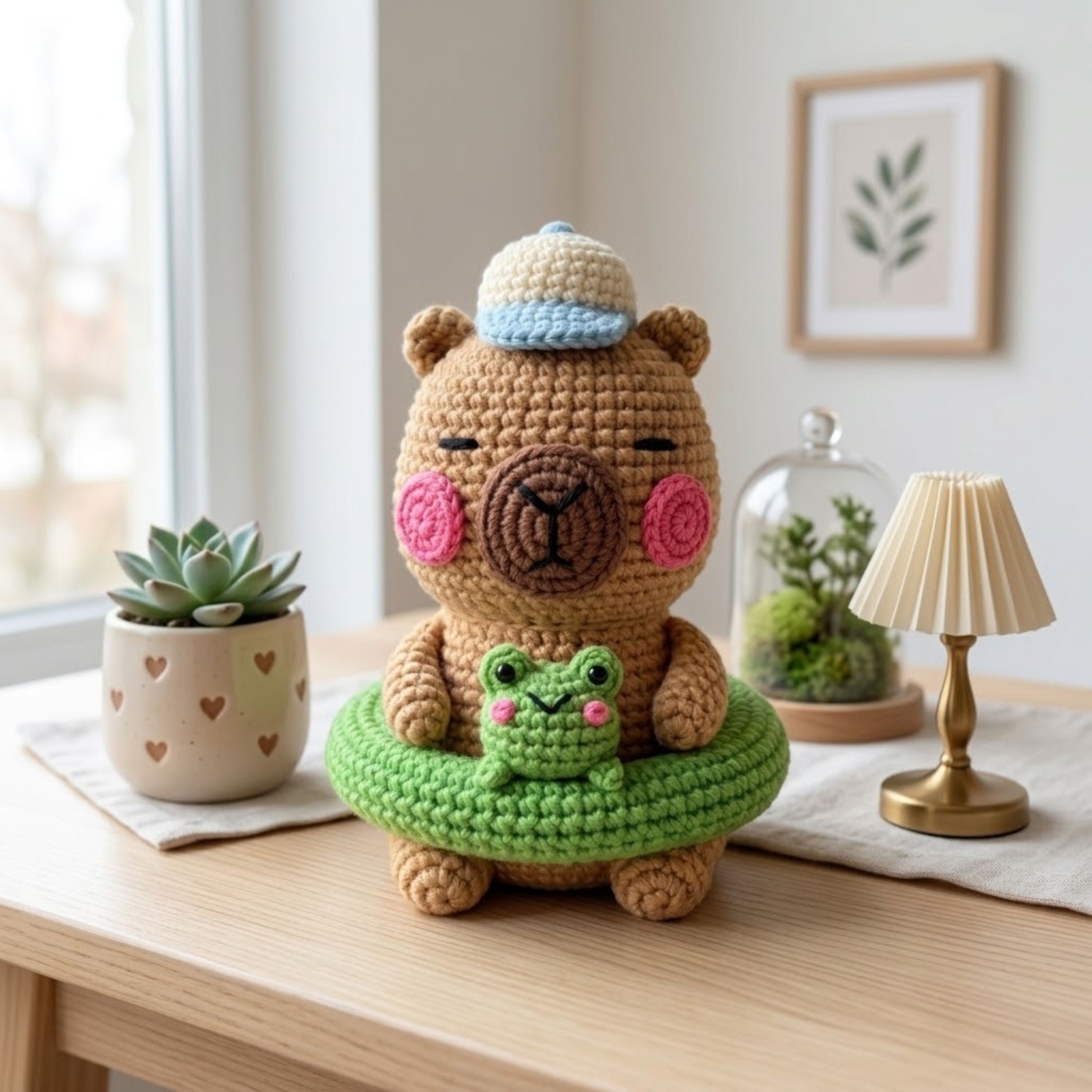 Crochet Capybara Frog Float Plush, Handmade Amigurumi Capybara Doll, Cute Green Pool Ring Nursery Toy, Baby Shower Gift, 4-12in Kids Plushie