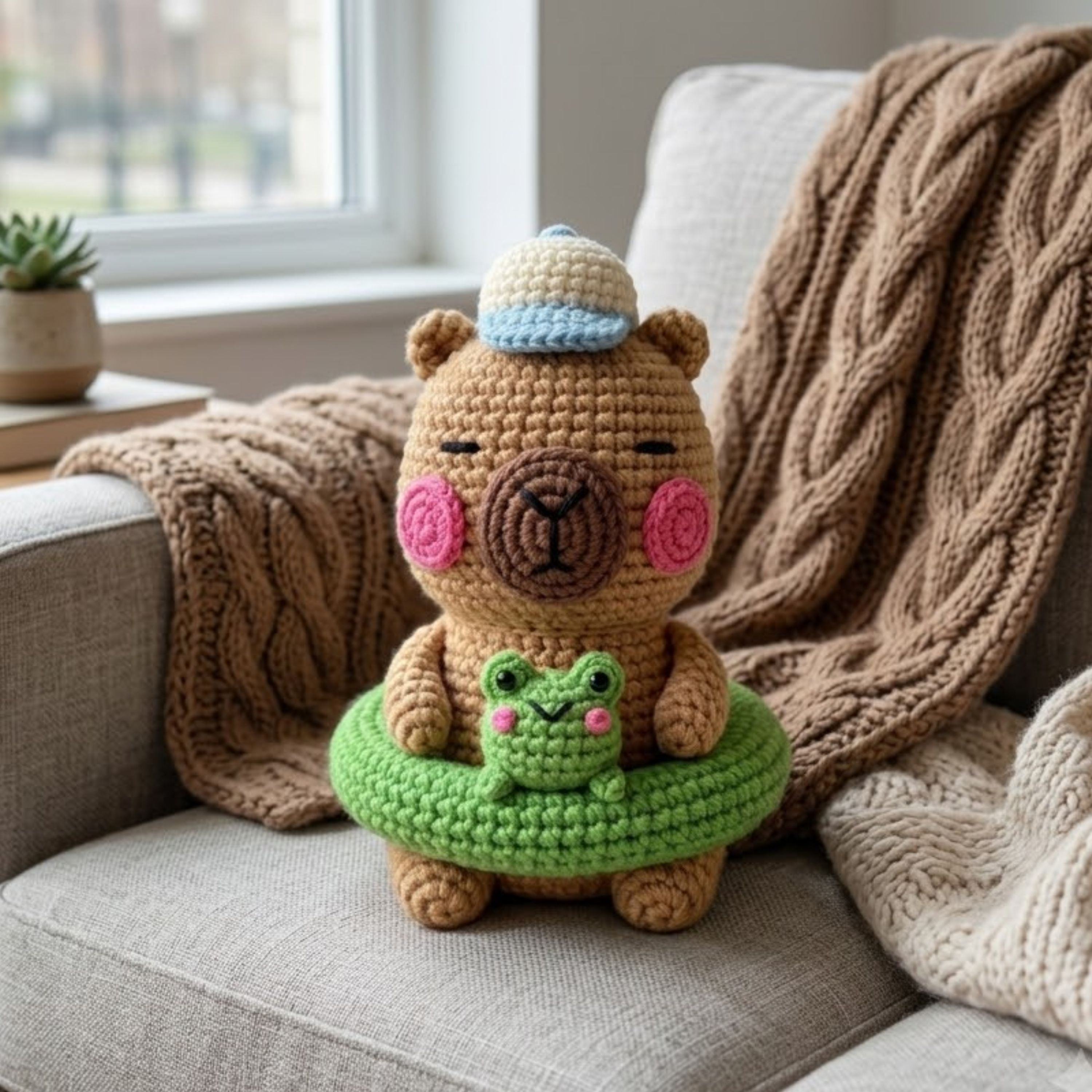 Crochet Capybara Frog Float Plush, Handmade Amigurumi Capybara Doll, Cute Green Pool Ring Nursery Toy, Baby Shower Gift, 4-12in Kids Plushie