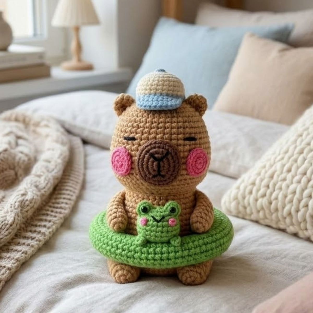 Crochet Capybara Frog Float Plush, Handmade Amigurumi Capybara Doll, Cute Green Pool Ring Nursery Toy, Baby Shower Gift, 4-12in Kids Plushie