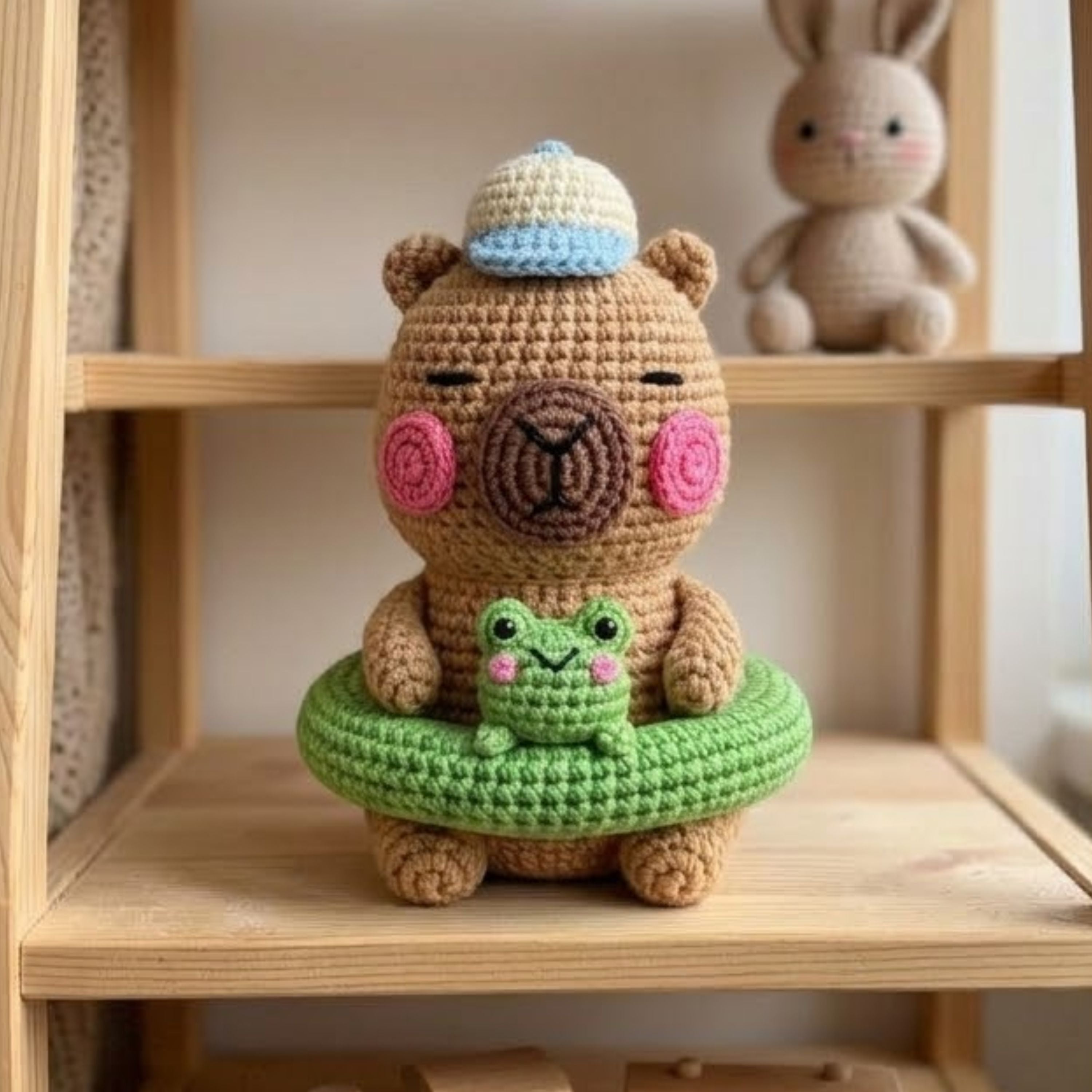 Crochet Capybara Frog Float Plush, Handmade Amigurumi Capybara Doll, Cute Green Pool Ring Nursery Toy, Baby Shower Gift, 4-12in Kids Plushie