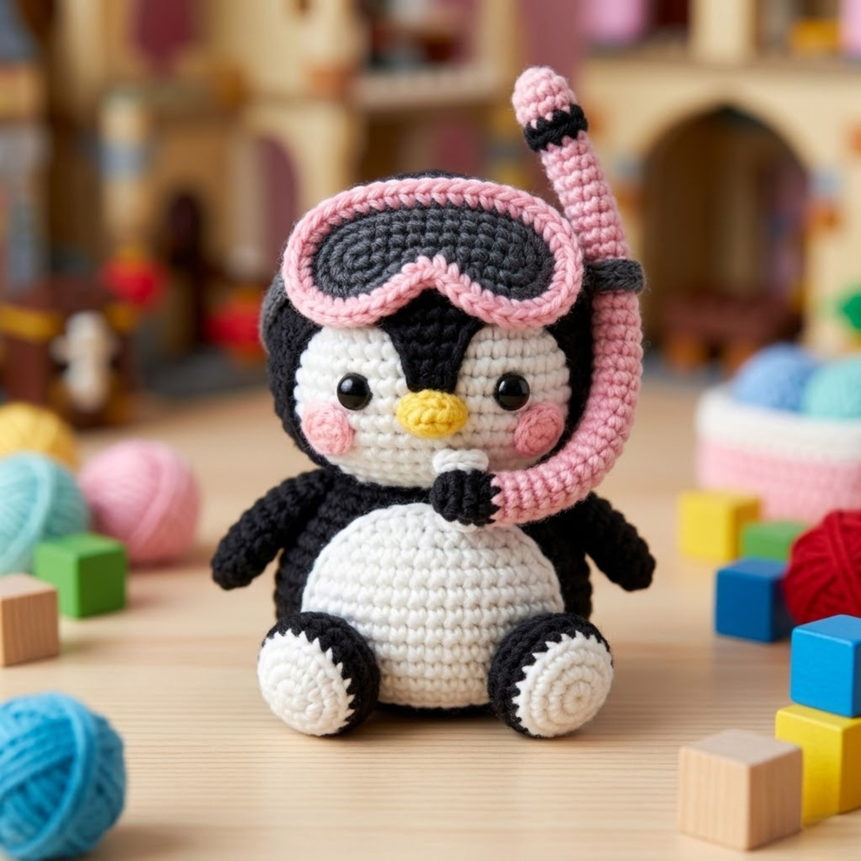 Crochet Snorkel Penguin Plush, Handmade Amigurumi Penguin Doll, Pink Swim Goggles Ocean Nursery Toy, Baby Shower Gift, 4-12in Kids Plush Toy