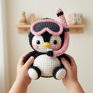 Crochet Snorkel Penguin Plush, Handmade Amigurumi Penguin Doll, Pink Swim Goggles Ocean Nursery Toy, Baby Shower Gift, 4-12in Kids Plush Toy