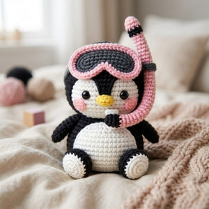 Crochet Snorkel Penguin Plush, Handmade Amigurumi Penguin Doll, Pink Swim Goggles Ocean Nursery Toy, Baby Shower Gift, 4-12in Kids Plush Toy