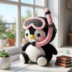Crochet Snorkel Penguin Plush, Handmade Amigurumi Penguin Doll, Pink Swim Goggles Ocean Nursery Toy, Baby Shower Gift, 4-12in Kids Plush Toy