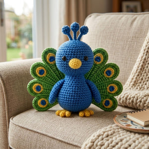 Crochet Peacock Plush, Handmade Amigurumi Peacock Doll, Blue Green Bird Nursery Toy, Baby Shower Gift, 4-12in Kids Plush Toy Room Decor Cute