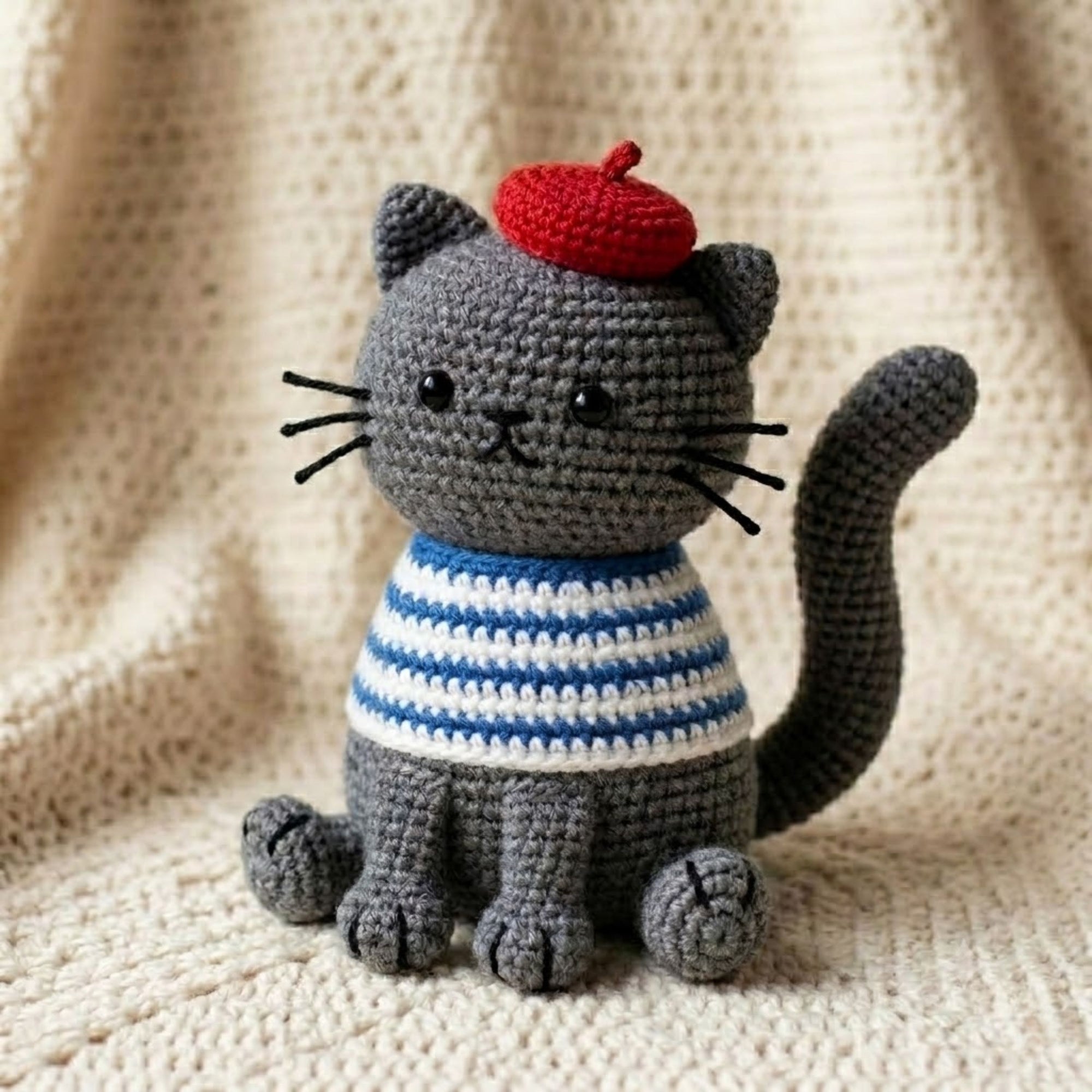Crochet French Cat Plush, Handmade Amigurumi Cat Doll, Gray Striped Shirt Kitty, Red Beret Nursery Toy, Baby Shower Gift, 4-12in Kid Plushie