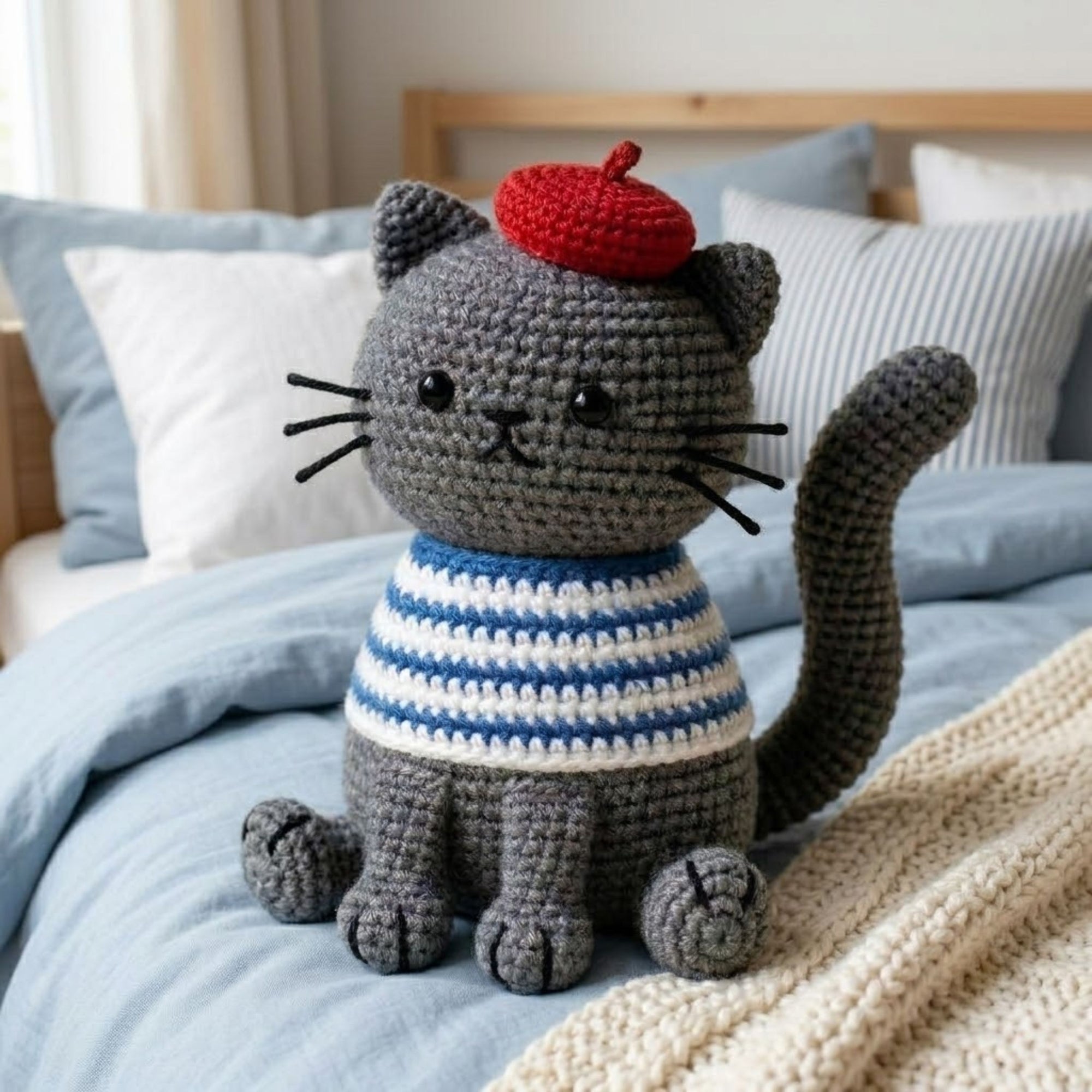 Crochet French Cat Plush, Handmade Amigurumi Cat Doll, Gray Striped Shirt Kitty, Red Beret Nursery Toy, Baby Shower Gift, 4-12in Kid Plushie