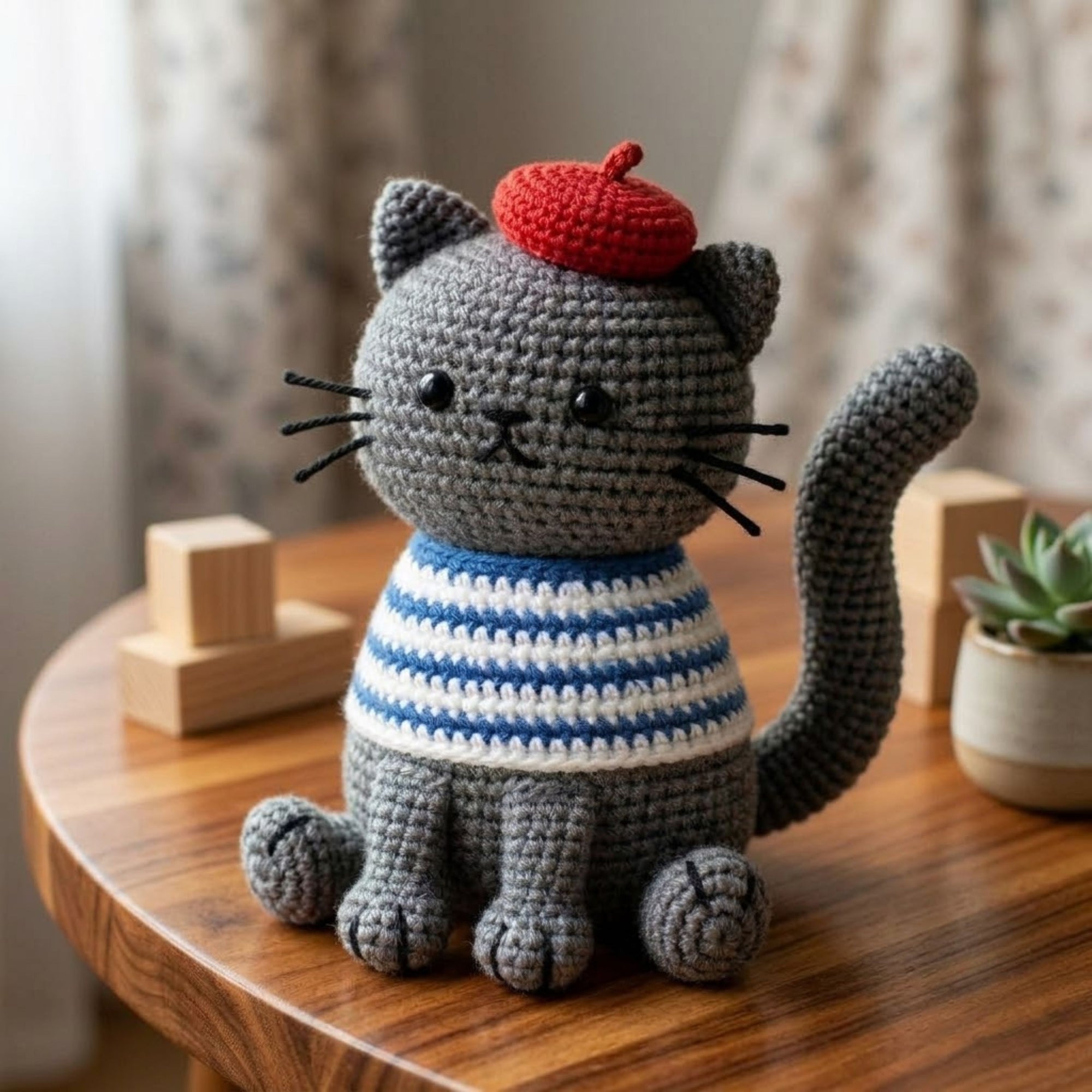 Crochet French Cat Plush, Handmade Amigurumi Cat Doll, Gray Striped Shirt Kitty, Red Beret Nursery Toy, Baby Shower Gift, 4-12in Kid Plushie