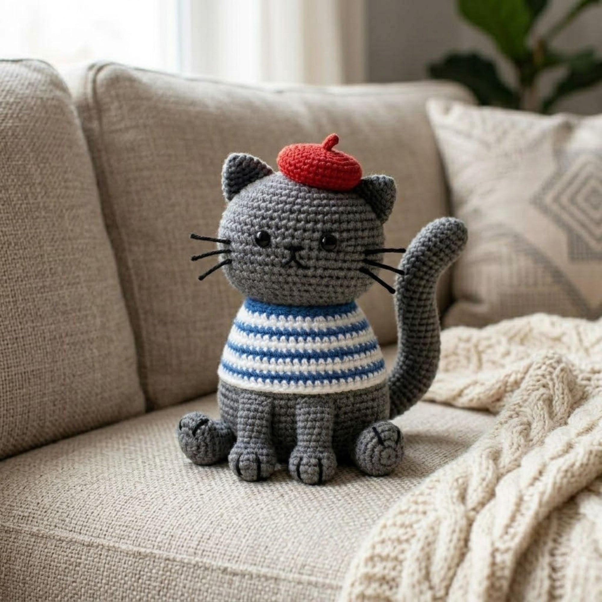 Crochet French Cat Plush, Handmade Amigurumi Cat Doll, Gray Striped Shirt Kitty, Red Beret Nursery Toy, Baby Shower Gift, 4-12in Kid Plushie