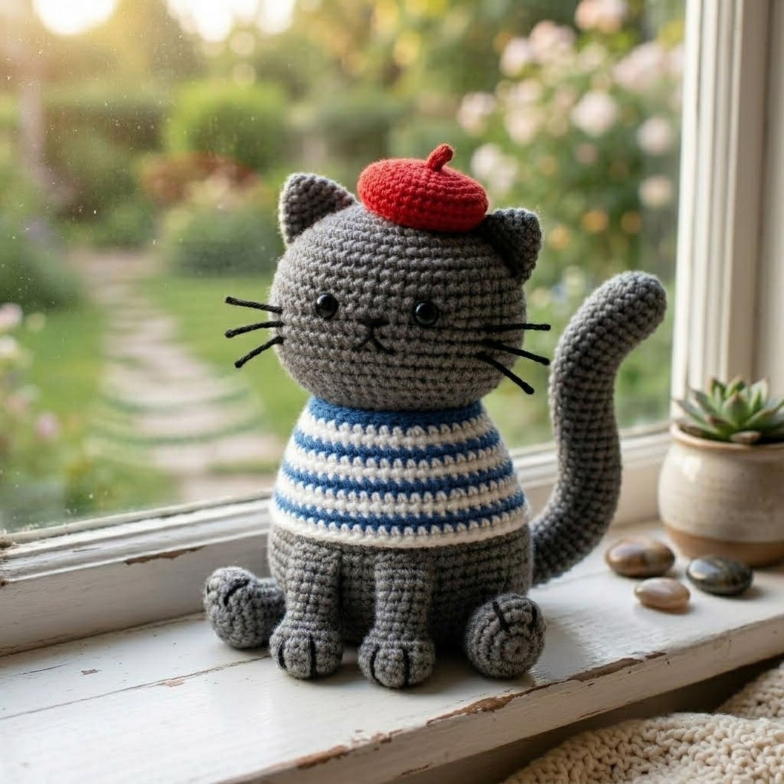 Crochet French Cat Plush, Handmade Amigurumi Cat Doll, Gray Striped Shirt Kitty, Red Beret Nursery Toy, Baby Shower Gift, 4-12in Kid Plushie