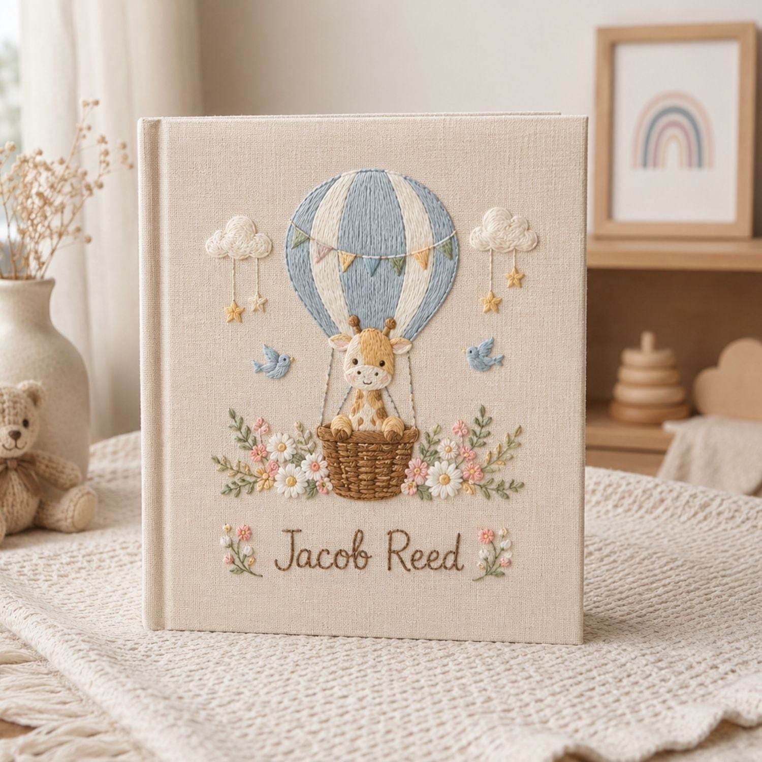 Personalized Baby Photo Album, Hand Embroidered Dinosaur Memory Book, Custom Name Keepsake, Woodland Nursery Gift, Newborn, Baby Shower Gift
